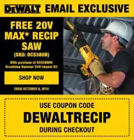 Free DeWalt 20V Max Recip Saw with Select Purchase @ ToolBarn